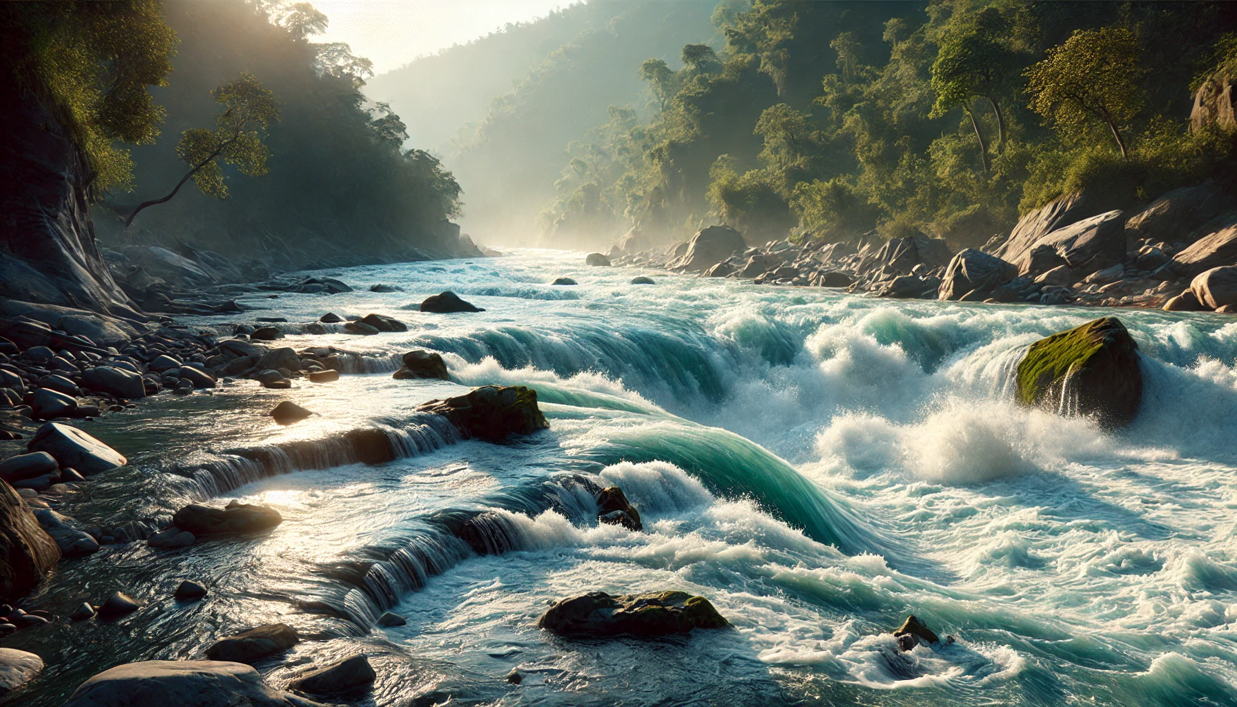 The dynamic and powerful white waters of the Ganges River in Rishikesh, flowing over rocks surrounded by lush, green hills, with sunlight casting a serene glow on the scene.