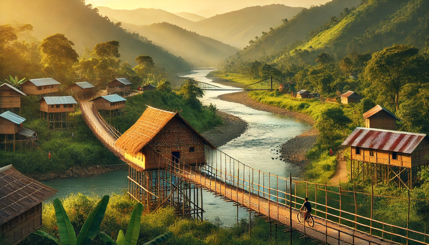 A serene view of the village of Damro in Arunachal Pradesh, India, featuring a traditional bamboo house surrounded by lush green hills and dense forests.