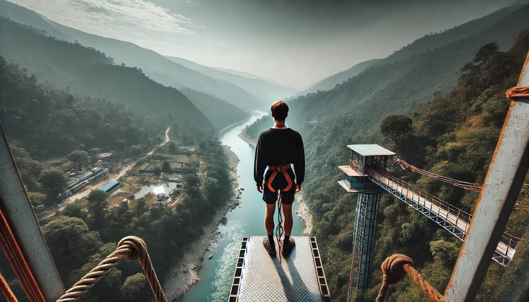 A person is preparing to bungee jump from a high platform with a breathtaking view of the lush Indian landscape.