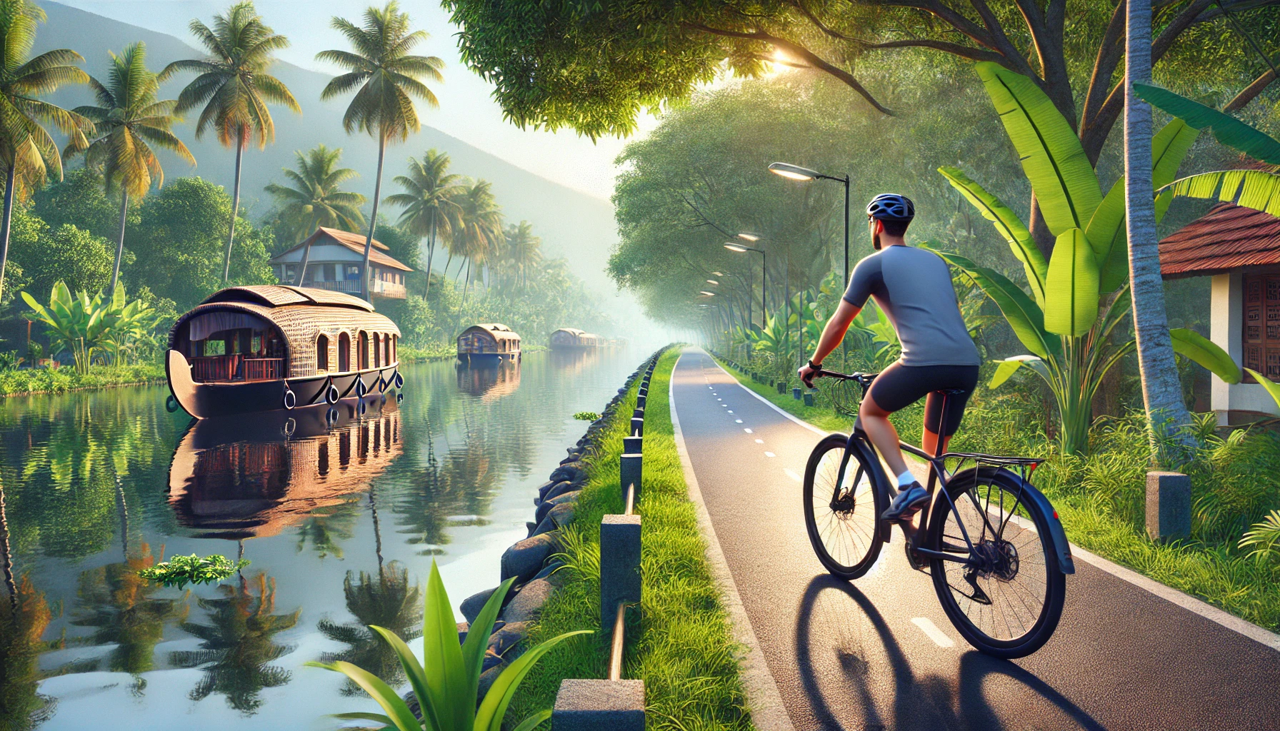 Riding through the serene backwaters of Kerala.