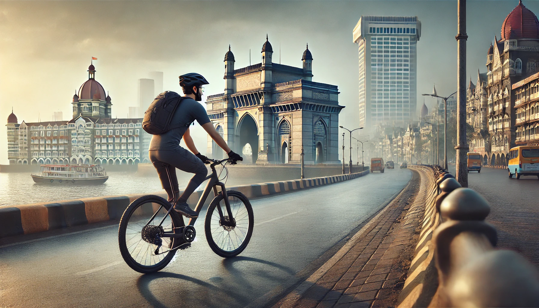 Riding through the early morning streets of Mumbai, passing by the Gateway of India and the iconic Taj Mahal Palace Hotel along the serene Marine Drive.