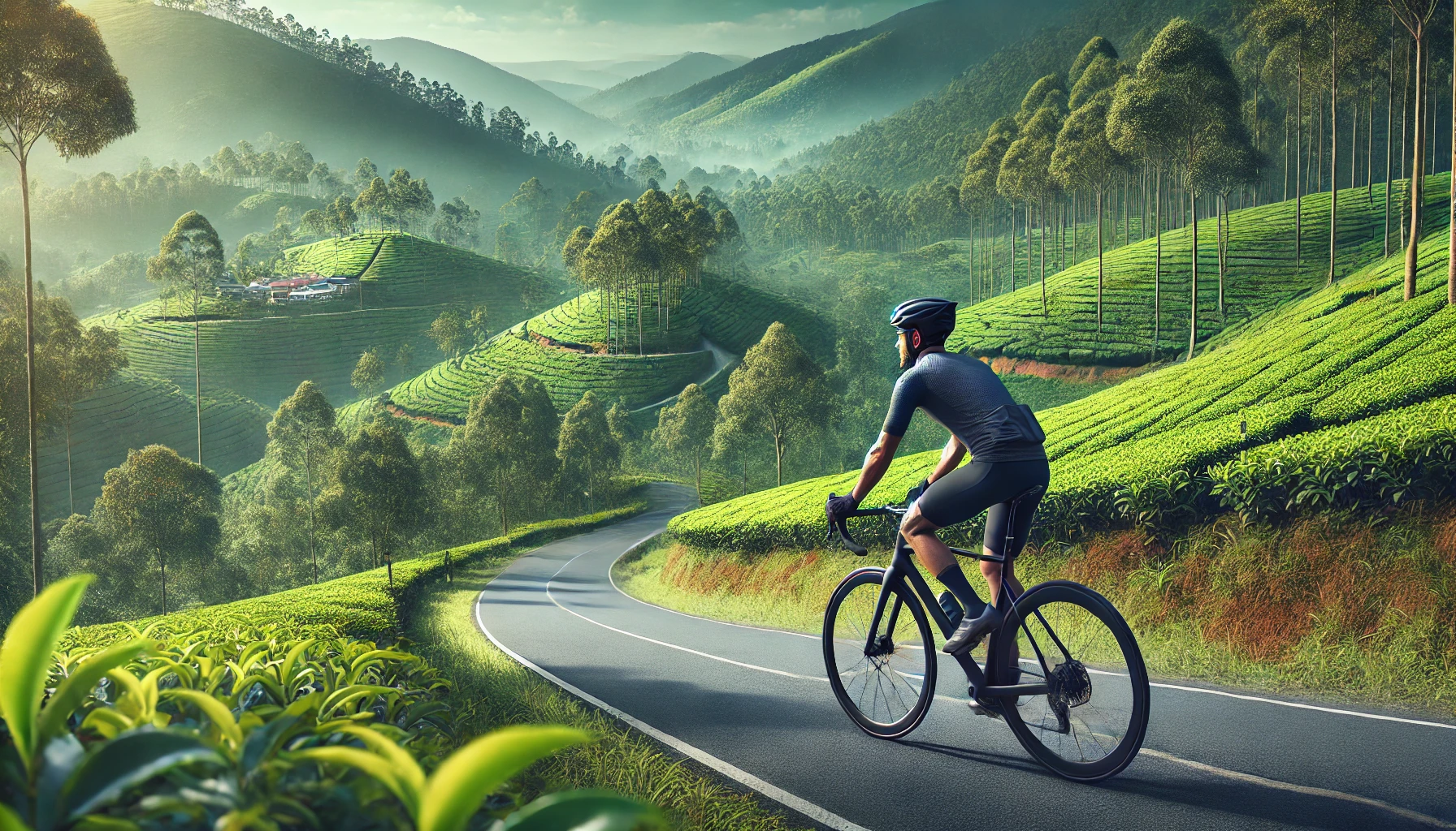Riding through the lush greenery of the Western Ghats, surrounded by dense forests and tea plantations.