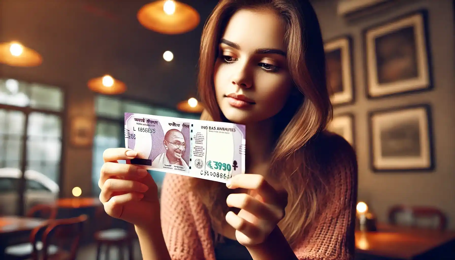 A young woman is carefully examining an Indian banknote by holding it up to the light to check its authenticity. 