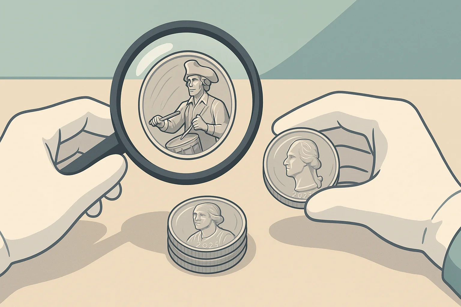 A collector examines a stack of coins under a magnifying glass while wearing gloves.